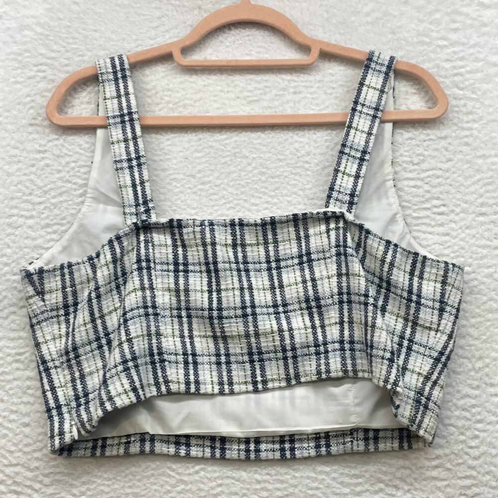 Abercrombie & Fitch Crop Top Womens Large Blue White Plaid Tweed Square Neck - Picture 2 of 9